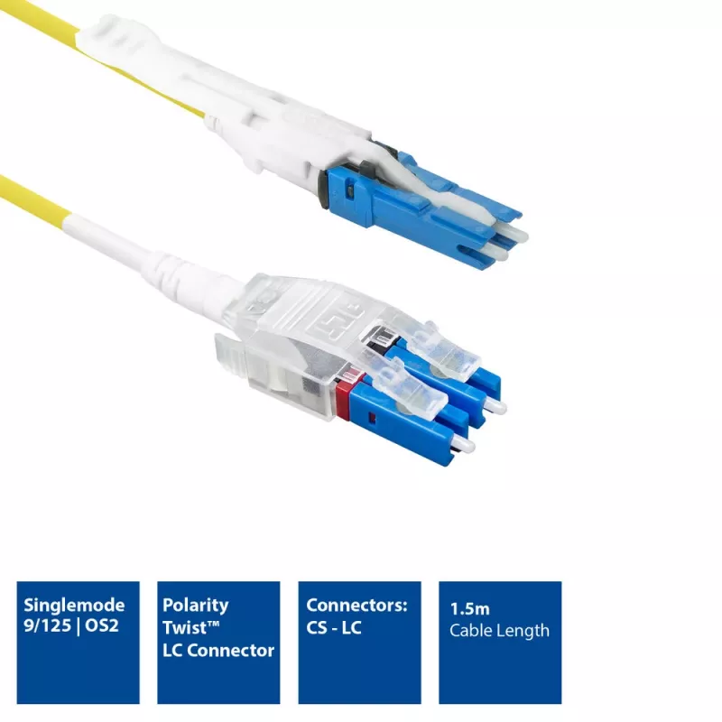 ACT 1,5 m vienmodis 9/125 OS2 Polarity Twist uniboot dviejų skaidulų šviesolaidinis kabelis su CS - LC jungtimis