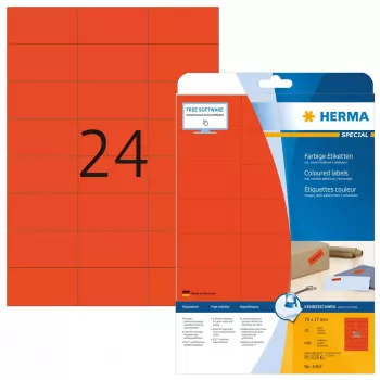 Lipdukai HERMA Spalvoti A4 70x37 mm raudoni matiniai popieriniai 480 vnt.