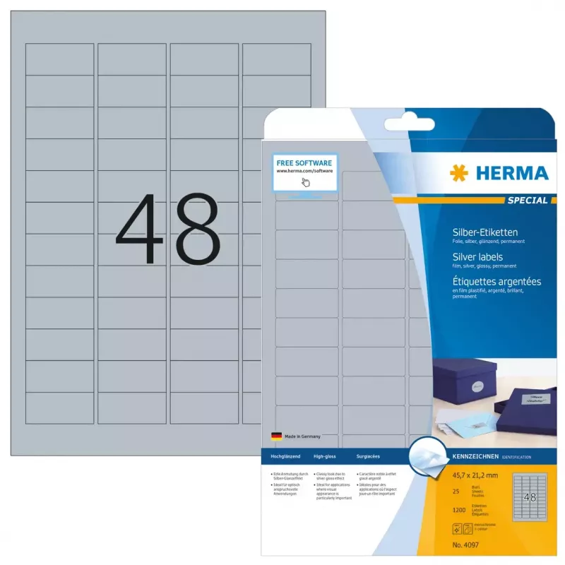 Lipnių etikečių lapai HERMA Labels A4 45,7x21,2 mm sidabrinė plėvelė blizgi