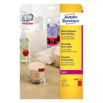 Lipnūs etiketės Avery L6005-25, apvalūs kampai, nuimamos, raudonos, 25 vnt.