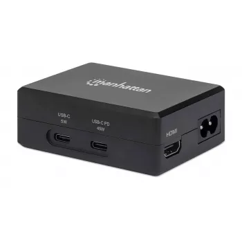 Manhattan Smart Video Multiport Dock, 5 prievadų: HDMI, USB-A (x2), USB-C (x2), su Power Delivery USB-C prievadu, integruotu maitinimo šaltiniu, itin kompaktiškas, nuimamas maitinimo laidas, juodas, trejų metų garantija, mažmeninė dėžutė