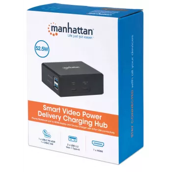 Manhattan Smart Video Multiport Dock, 5 prievadų: HDMI, USB-A (x2), USB-C (x2), su Power Delivery USB-C prievadu, integruotu maitinimo šaltiniu, itin kompaktiškas, nuimamas maitinimo laidas, juodas, trejų metų garantija, mažmeninė dėžutė