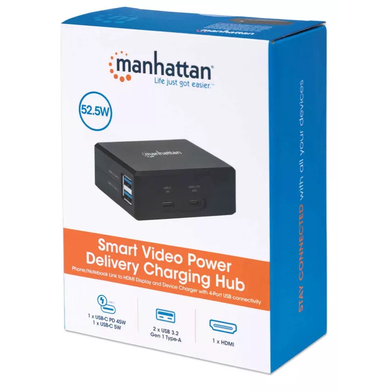 Manhattan Smart Video Multiport Dock, 5 prievadų: HDMI, USB-A (x2), USB-C (x2), su Power Delivery USB-C prievadu, integruotu maitinimo šaltiniu, itin kompaktiškas, nuimamas maitinimo laidas, juodas, trejų metų garantija, mažmeninė dėžutė