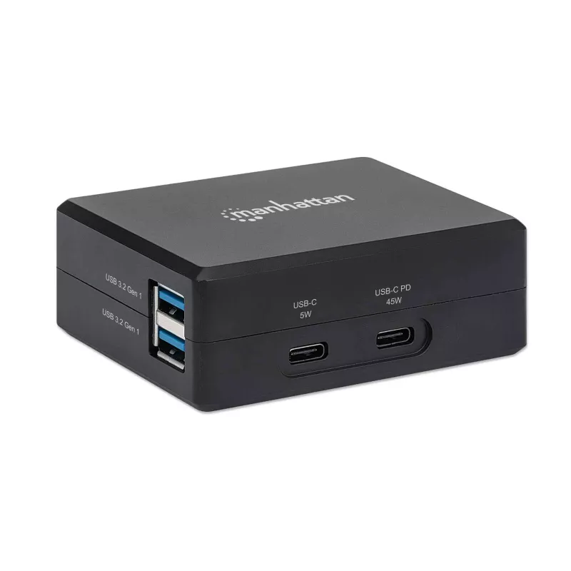 Manhattan Smart Video Multiport Dock, 5 prievadų: HDMI, USB-A (x2), USB-C (x2), su Power Delivery USB-C prievadu, integruotu maitinimo šaltiniu, itin kompaktiškas, nuimamas maitinimo laidas, juodas, trejų metų garantija, mažmeninė dėžutė