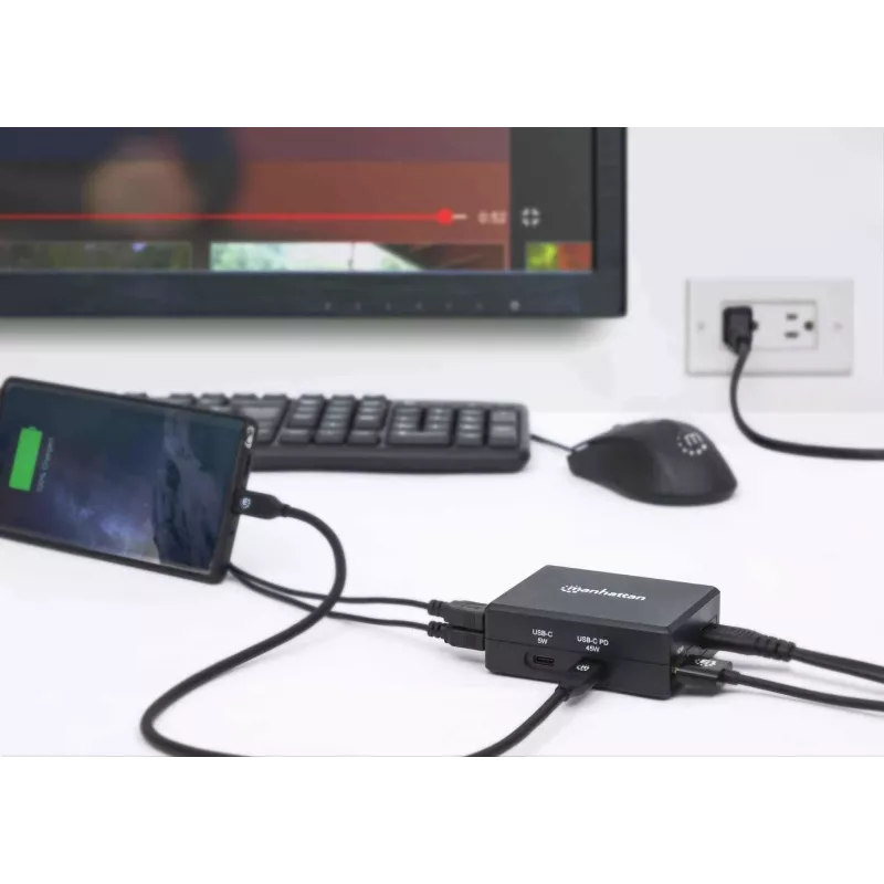 Manhattan Smart Video Multiport Dock, 5 prievadų: HDMI, USB-A (x2), USB-C (x2), su Power Delivery USB-C prievadu, integruotu maitinimo šaltiniu, itin kompaktiškas, nuimamas maitinimo laidas, juodas, trejų metų garantija, mažmeninė dėžutė