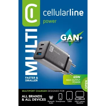Cellularline Multipower Micro 65W itin kompaktiškas 65W greitasis sieninis įkroviklis su 3 prievadais