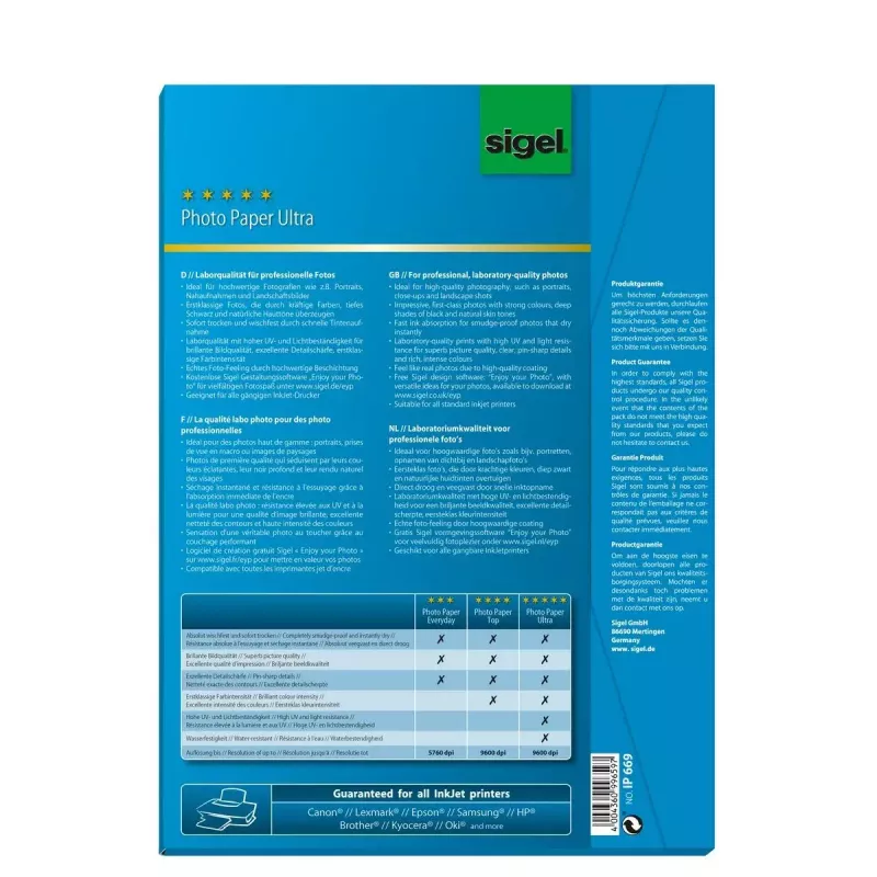 Foto popierius satinuotas Sigel InkJet Ultra A4 190 g/m² 50 lapų