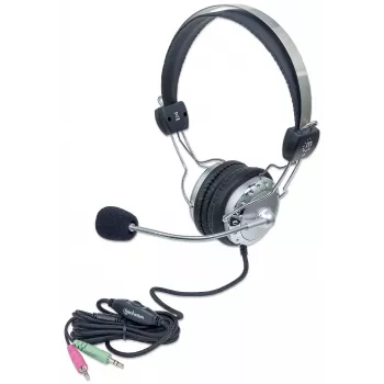 Manhattan Stereo Ausinės su Antgaliu (3,5 mm), Mikrofonas Ant Lankelio, Reguliuojamas Plieninis Galvos Lankelis, Garsumo Valdymas Ant Laido, Ausų Pagalvėlės, 2x 3,5 mm Jungtys Garsui/Mikrofonui, Laidas 2,5 m, 3 Metų Garantija