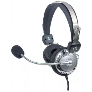 Manhattan Stereo Ausinės su Antgaliu (3,5 mm), Mikrofonas Ant Lankelio, Reguliuojamas Plieninis Galvos Lankelis, Garsumo Valdymas Ant Laido, Ausų Pagalvėlės, 2x 3,5 mm Jungtys Garsui/Mikrofonui, Laidas 2,5 m, 3 Metų Garantija