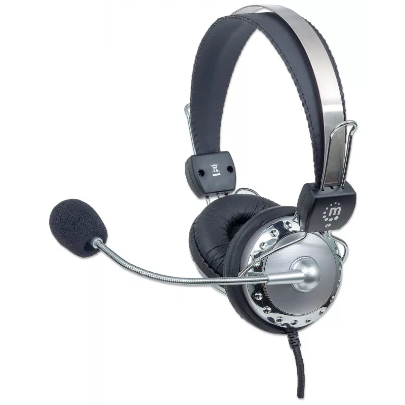 Manhattan Stereo Ausinės su Antgaliu (3,5 mm), Mikrofonas Ant Lankelio, Reguliuojamas Plieninis Galvos Lankelis, Garsumo Valdymas Ant Laido, Ausų Pagalvėlės, 2x 3,5 mm Jungtys Garsui/Mikrofonui, Laidas 2,5 m, 3 Metų Garantija