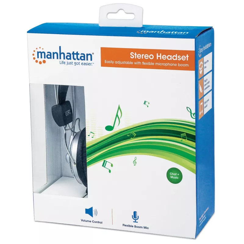 Manhattan Stereo Ausinės su Antgaliu (3,5 mm), Mikrofonas Ant Lankelio, Reguliuojamas Plieninis Galvos Lankelis, Garsumo Valdymas Ant Laido, Ausų Pagalvėlės, 2x 3,5 mm Jungtys Garsui/Mikrofonui, Laidas 2,5 m, 3 Metų Garantija