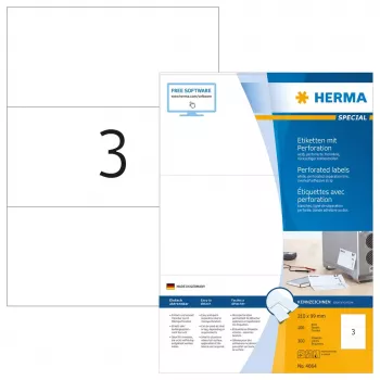 Lipnūs etikečių lapai HERMA 4664 A4 210x99 mm balta perforuota matinė 300 vnt.