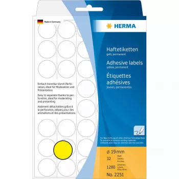 Universalių paskirčių etiketės HERMA 1280 vnt apvalios geltonos 19 mm