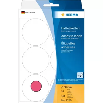 Universalių etikečių rinkinys HERMA 2286 švytinčiai raudona, apvalios, Ø 50 mm, 144 vnt.