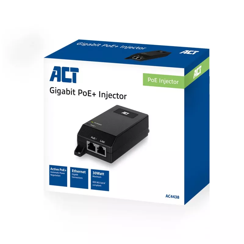 ACT Gigabit PoE+ (30W) Injektorius, Gigabit Ethernet, 10/100/1000 Mbit/s, IEEE 802.3, IEEE 802.3ab, IEEE 802.3af, IEEE 802.3at, IEEE 802.3u, Juoda, 30 V, 100-240 V