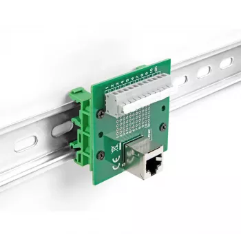 Adapteris DeLOCK RJ50 lizdas į gnybtų bloką su mygtuku DIN bėgeliui, kampuotas