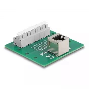 Adapteris DeLOCK RJ50 lizdas į gnybtų bloką su mygtuku DIN bėgeliui, kampuotas