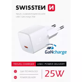SWISSTEN Mini Travel Charger GaN 25W PD USB-C greitas įkroviklis telefonams ir planšetėms