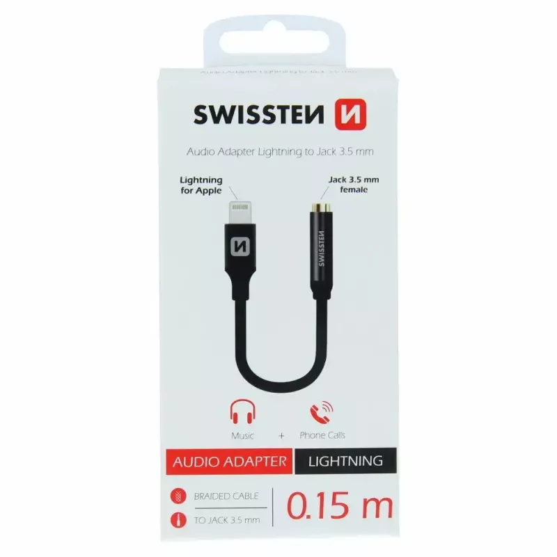 Garso adapteris SWISSTEN Lightning – 3,5 mm lizdas SW-LIGHT-3.5MM-BK, kabelis 0,15 m, juodas