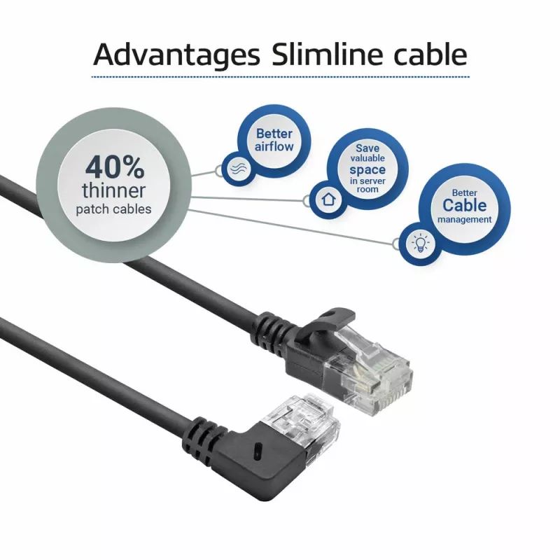 ACT Black 2 m U/UTP CAT6A LSZH Slimline patch kabelis su RJ45 jungtimis 90° kampu dešinėn į tiesią