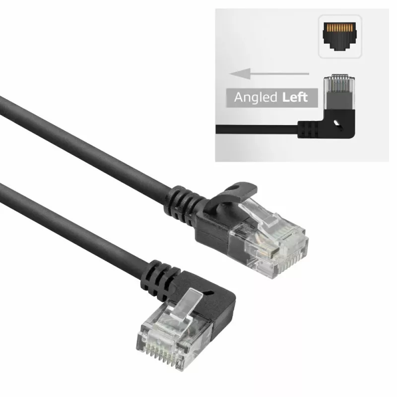 ACT Black 0,25 m U/UTP CAT6A LSZH plonas pataisos kabelis su RJ45 jungtimis 90° kairėn į tiesią