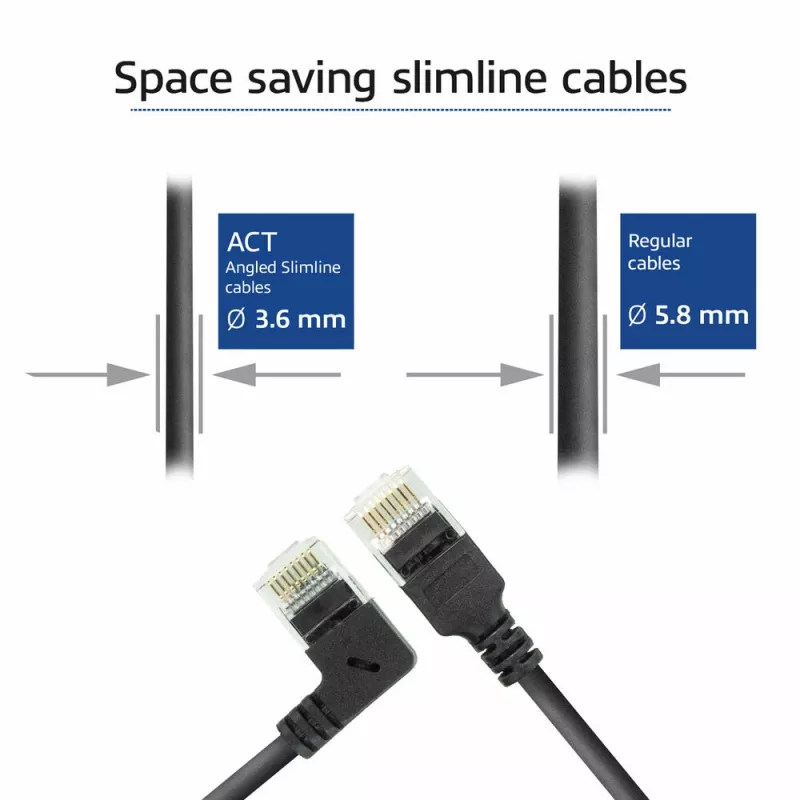 ACT Black 0,25 m U/UTP CAT6A LSZH plonas pataisos kabelis su RJ45 jungtimis 90° kairėn į tiesią