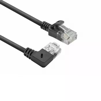 ACT Black 0,5 m U/UTP CAT6A LSZH plonas pataisinis kabelis su RJ45 jungtimis 90° kampu dešinėn į tiesią