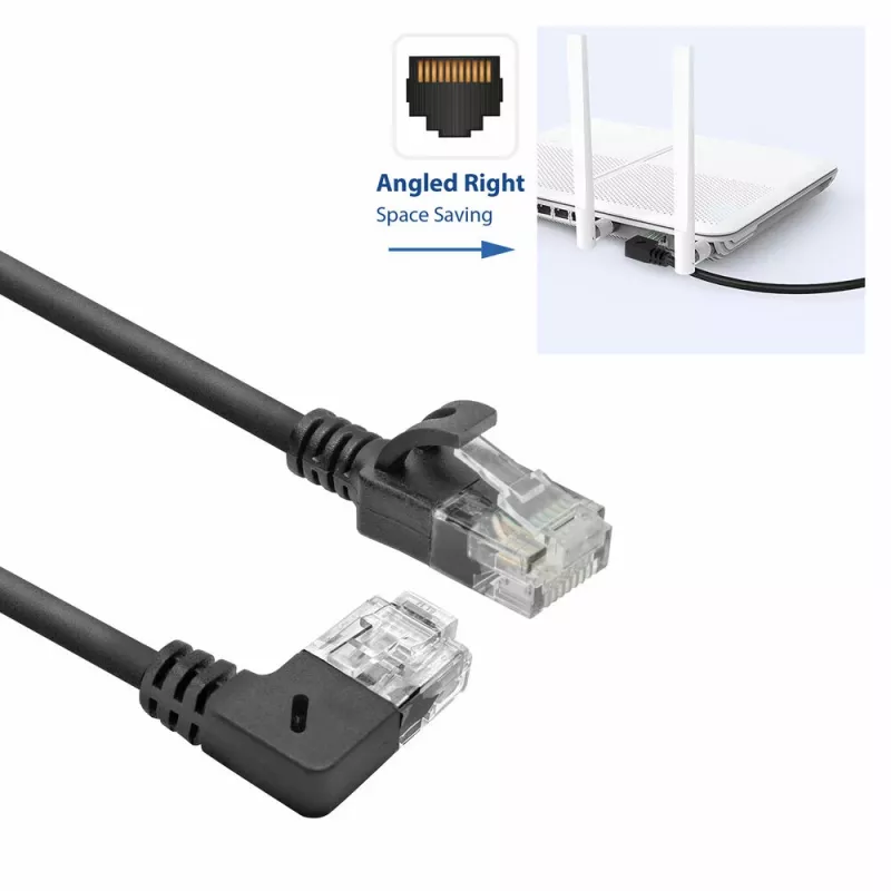 ACT Black 0,15 m U/UTP CAT6A LSZH plonas pataisos kabelis su RJ45 jungtimis 90° kampu į dešinę iki tiesios