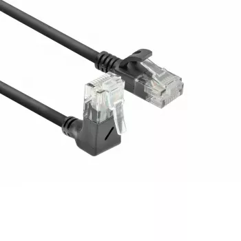 ACT Black 0,15 m U/UTP CAT6A LSZH plonas šuolinis kabelis su RJ45 jungtimis 90° kampu į viršų iki tiesios