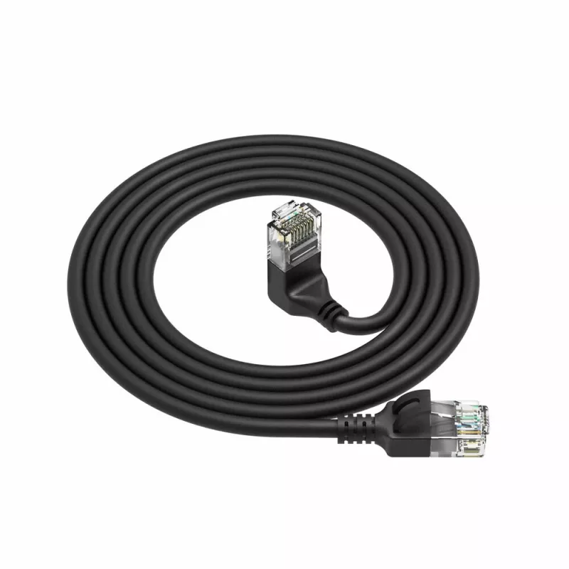 ACT Black 0,15 m U/UTP CAT6A LSZH plonas šuolinis kabelis su RJ45 jungtimis 90° kampu į viršų iki tiesios