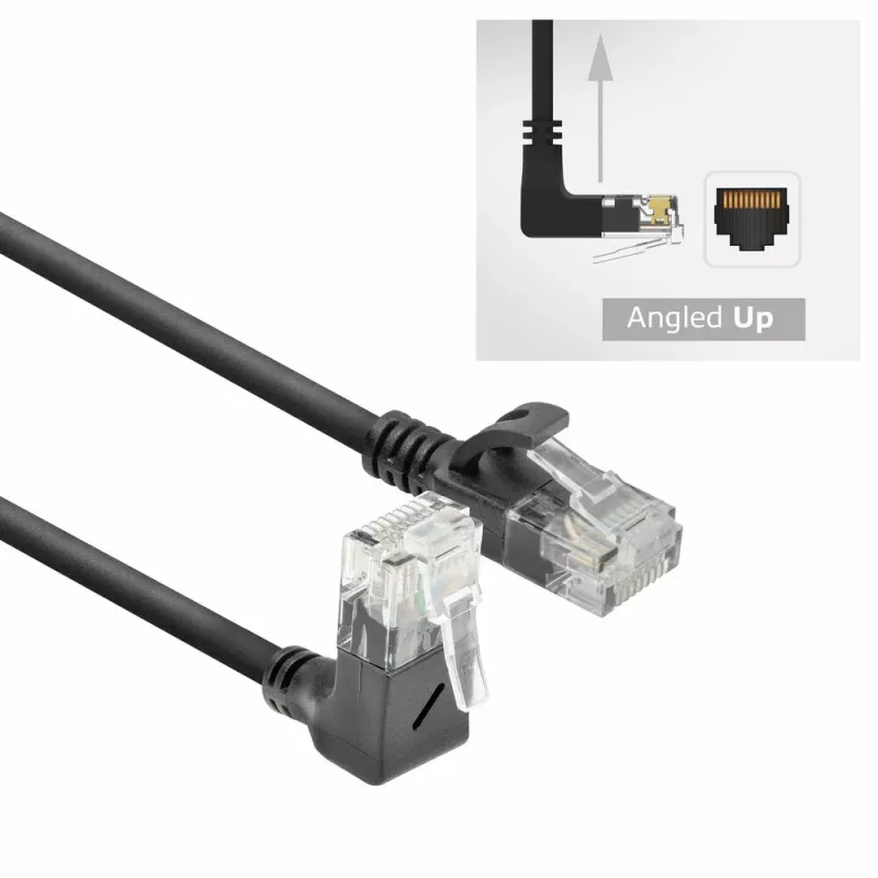 ACT Black 0,15 m U/UTP CAT6A LSZH plonas šuolinis kabelis su RJ45 jungtimis 90° kampu į viršų iki tiesios