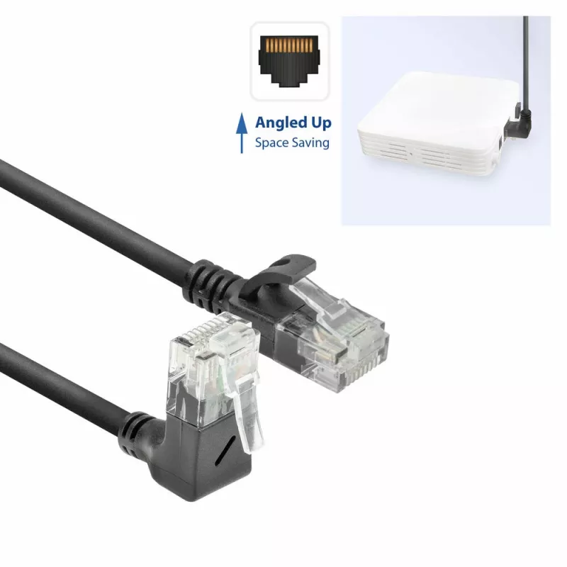 ACT Black 0,15 m U/UTP CAT6A LSZH plonas šuolinis kabelis su RJ45 jungtimis 90° kampu į viršų iki tiesios