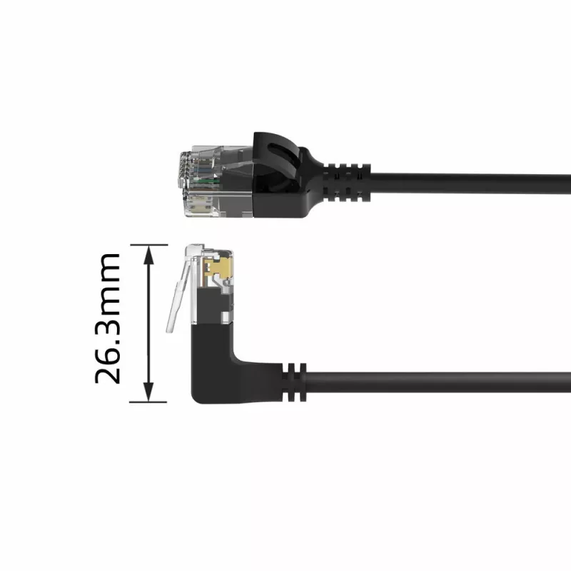 ACT Black 0,15 m U/UTP CAT6A LSZH plonas šuolinis kabelis su RJ45 jungtimis 90° kampu į viršų iki tiesios