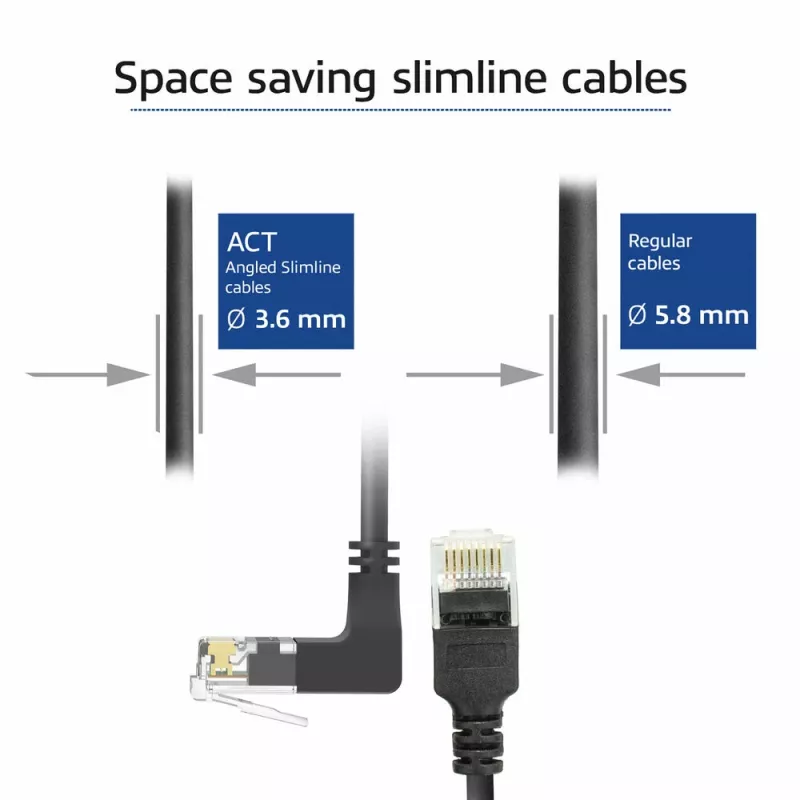 ACT Black 0,15 m U/UTP CAT6A LSZH plonas šuolinis kabelis su RJ45 jungtimis 90° kampu į viršų iki tiesios