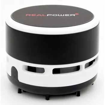 Rankinis siurblys RealPower Mini Hoover-1 – Belaidis, sausas valymas, be maišelio, AA baterijos, 90 min veikimo laikas, juoda/balta