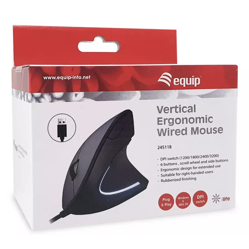 Equip 245118 vertikali ergonominė pelė dešinei rankai, USB-A, optinė, 3200 DPI