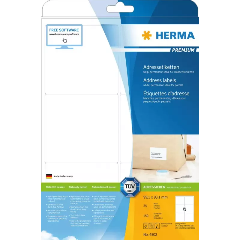 Adresų etiketės Premium HERMA 4502 A4 99,1x93,1 mm