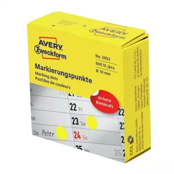 Lipnūs apskriti etikečių lipdukai Avery 3852, 1 cm skersmens, nuolatiniai, 800 vnt., geltoni