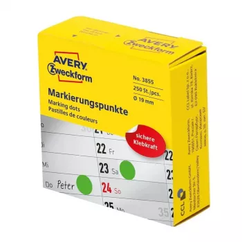Lipnios apvalios etiketės Avery Zweckform 3855 – Žalios, nuolatiniai klijai, Ø 1,9 cm, 250 vnt.