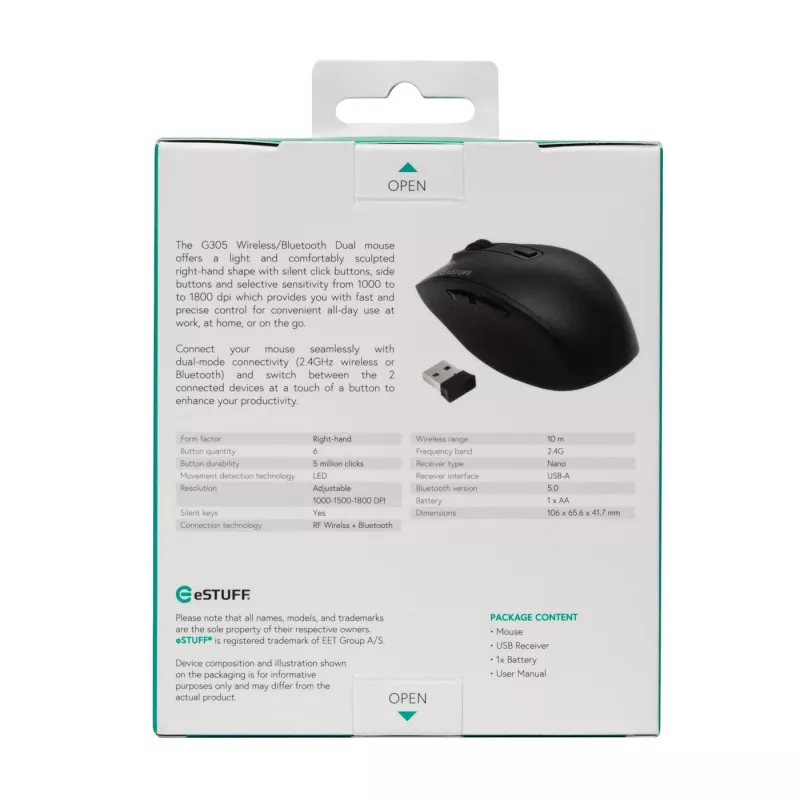 eSTUFF GLB214002 pelė Office dešinei rankai RF belaidė + Bluetooth IR LED 1800 DPI
