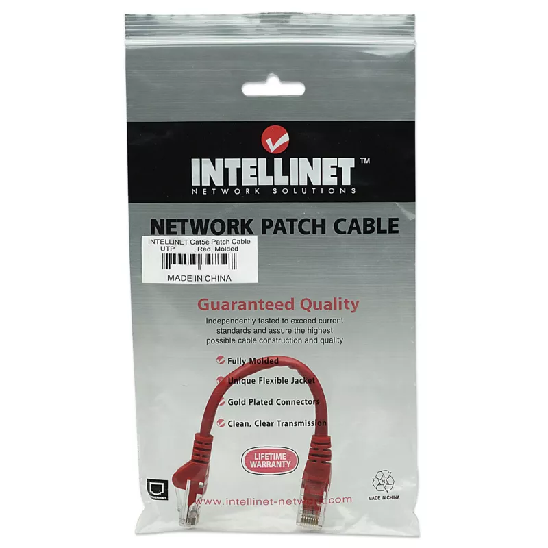 Intellinet tinklo jungiamasis kabelis, Cat5e, 0,5 m, raudonas, CCA, U/UTP, PVC, RJ45, auksuoti kontaktai, be užkabos, su gaubtuku, viso gyvenimo garantija