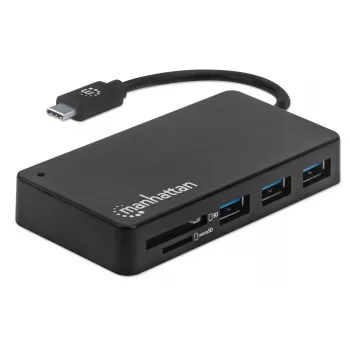 Manhattan USB-C Dock / Hub su kortelių skaitytuvu, 3x USB-A, 5 Gbps (USB 3.2 Gen1), juodas