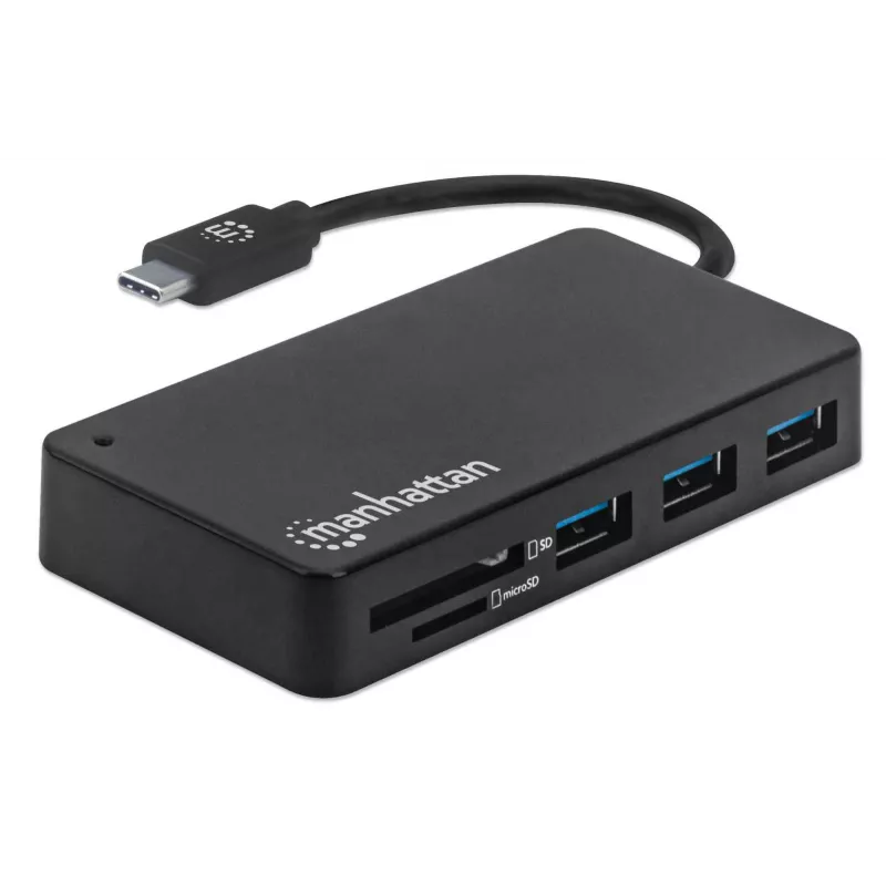Manhattan USB-C Dock / Hub su kortelių skaitytuvu, 3x USB-A, 5 Gbps (USB 3.2 Gen1), juodas