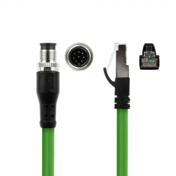ACT Industrial jutiklinis kabelis 5,00 m M12A 8 kontaktų kištukas į RJ45 kištuką, Ultraflex SF/UTP TPE, ekranuotas