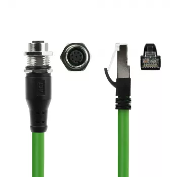 ACT Industrial jutiklio kabelis 3,00 m M12A 8 kontaktų moteriškas į RJ45 vyrišką, Ultraflex SF/UTP TPE, ekranuotas
