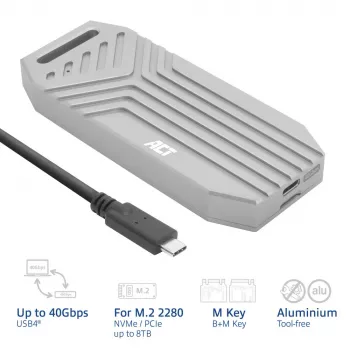 ACT USB 40Gbps M.2 2280 NVMe / PCIe SSD išorinis korpusas, be įrankių