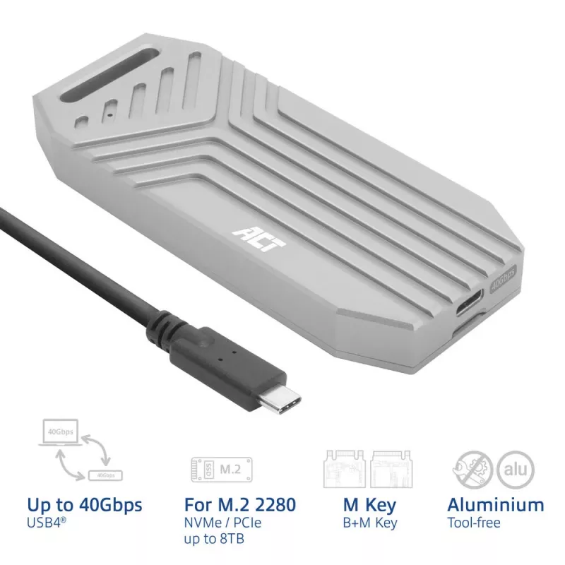 ACT USB 40Gbps M.2 2280 NVMe / PCIe SSD išorinis korpusas, be įrankių