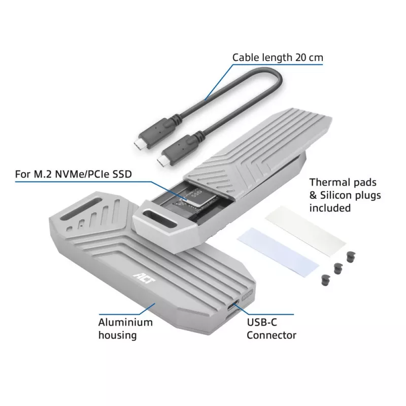 ACT USB 40Gbps M.2 2280 NVMe / PCIe SSD išorinis korpusas, be įrankių