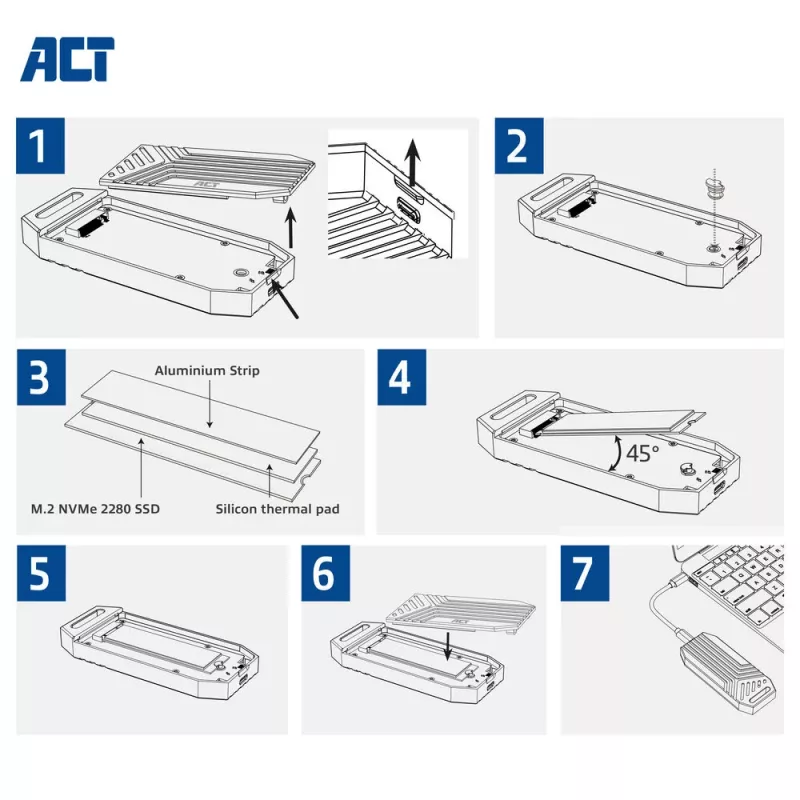 ACT USB 40Gbps M.2 2280 NVMe / PCIe SSD išorinis korpusas, be įrankių