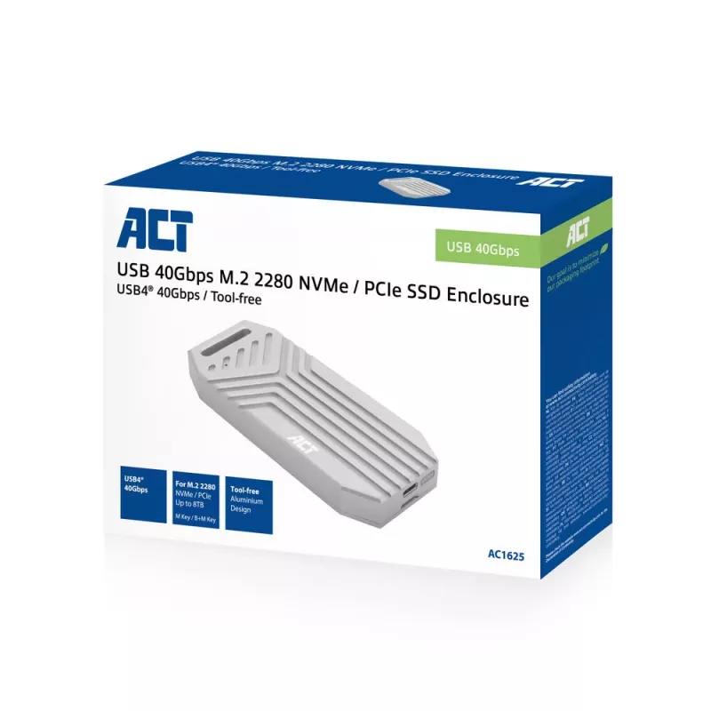 ACT USB 40Gbps M.2 2280 NVMe / PCIe SSD išorinis korpusas, be įrankių